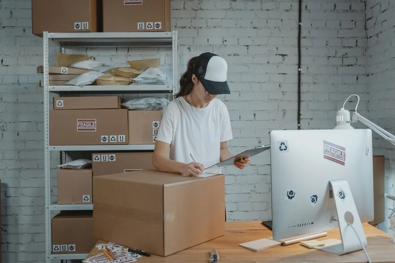 A worker manages shipping boxes for a small export business