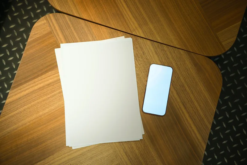 A stack of blank paperwork ready to be filled in next to a phone on a desk